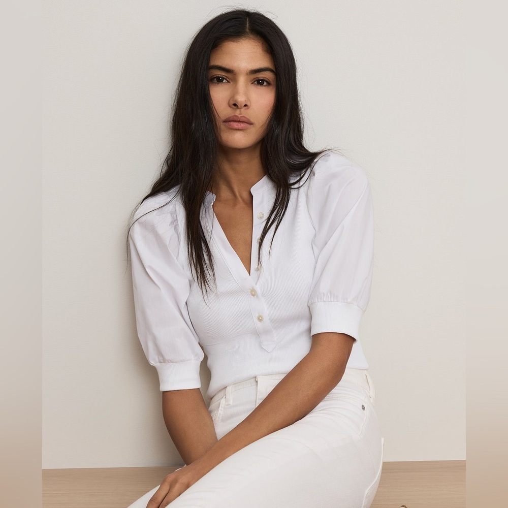 Veronica Beard Large Coralee Puff Sleeve Top White Ribbed VGUC
